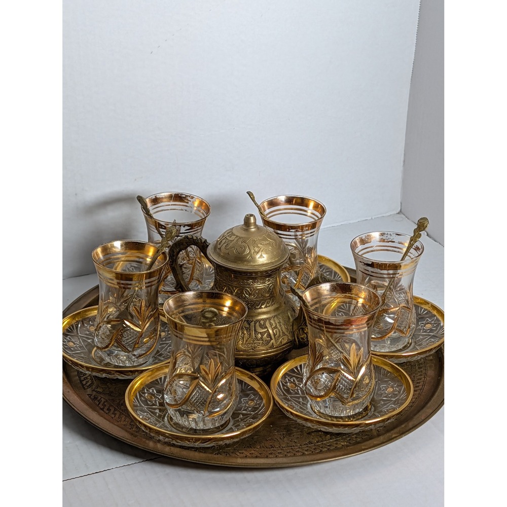 Vintage Turkish Middle Eastern Tea Set 6 Glasses Saucers Spoons Brass Tea pot